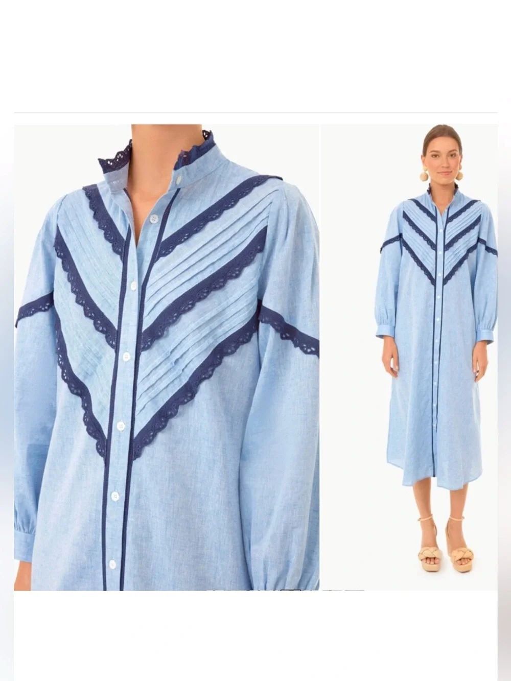 Pomander Place Tuckernuck M Jolene Chambray Midi Dress Button Front Lace Linen